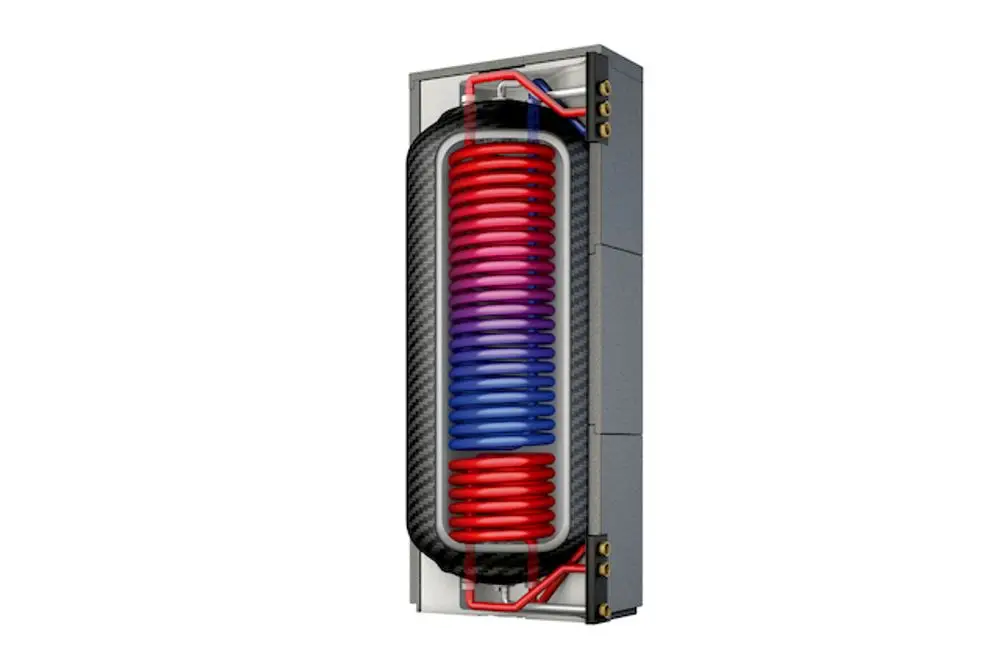 Thermotank mit spiralförmigen Rohren in mehreren Farben, eingebaut in einen Rahmen. Das Produkt gehört zur Marke Roth und ist für die Trinkwassererwärmung konzipiert.